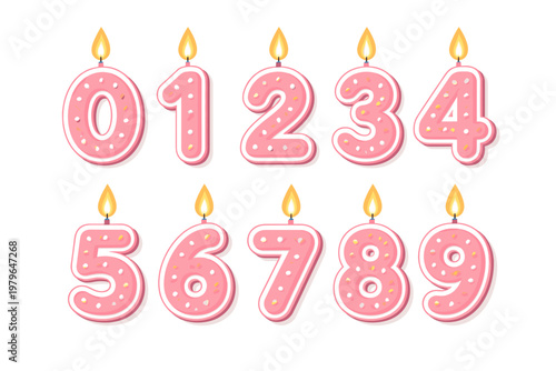 Pink Birthday Candles in the Form of Numbers 0 to 9. Template Set of Symbols for Invitation to the Anniversary, Celebration, and Party. Vector Illustration of Lit Cake Toppers with Sprinkles.