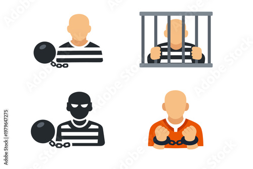 Set of Prisoner and Inmate Icons in Various Styles, Featuring Criminals in Striped Uniforms and Orange Jumpsuits with Handcuffs, Ball and Chain, and Jail Bars for Law and Justice Concepts.