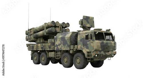 Heavily armored military surface to air missile launcher vehicle with camouflage paint scheme featuring radar antennas and multiple cylindrical launch tubes isolated on a plain transparent background 