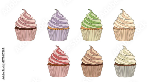 Variety of delicious cupcakes with colorful swirl frosting and different colored wrappers, perfect for a celebration or bakery display.