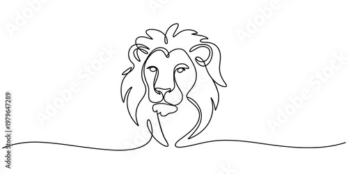 Continuous line drawing of a majestic lion head with a flowing mane on a white background.