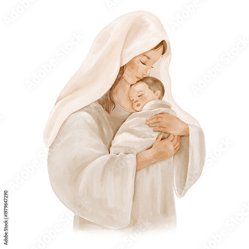 Foto Virgin Mary holding baby Jesus, isolated clipart, watercolor illustration