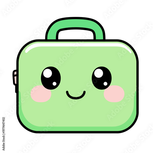 Adorable kawaii-style lunchbox with a smiling face, large eyes, and rosy cheeks. The box is green