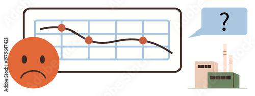 Economic analysis, industrial decline, business trends, financial crisis, decision-making, production impact. Declining graph with a sad face and factory icon. Economic analysis and industrial