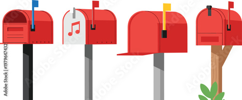 Colorful Mailbox Collection with Different Designs and Flags for Postal and Communication Illustration
