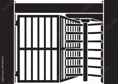 Black and white of a rotating security turnstile gate with vertical bars and horizontal arms