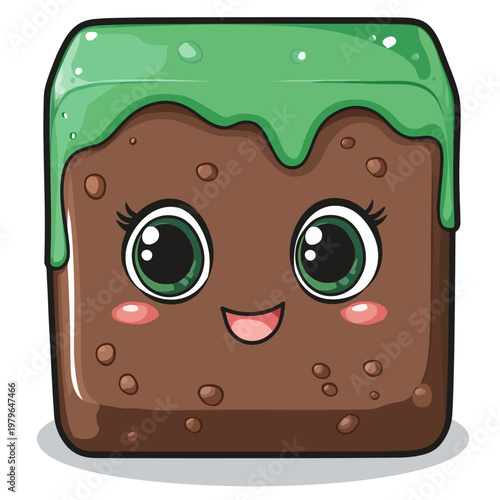 Adorable cartoon block with vibrant green topping, rosy cheeks, big eyes, and happy expression