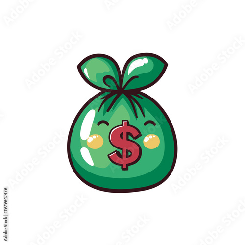 Adorable green money bag cartoon character with a red dollar sign, smiling on a white background