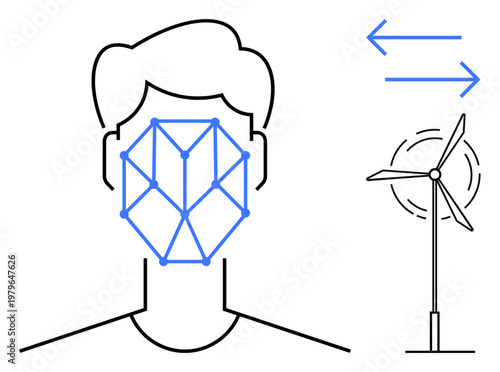 Biometrics, renewable energy, identity verification, environmental technology, wind power, sustainability concept. Face with connected points, wind turbine arrows. Biometrics and renewable energy in