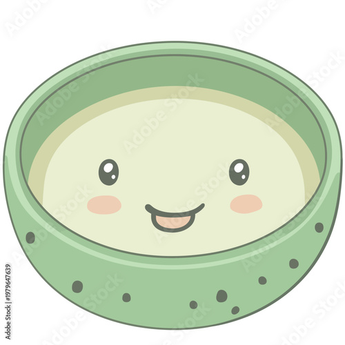A smiling bowl, with eyes, a mouth, and rosy cheeks. The bowl is green with a beige filling