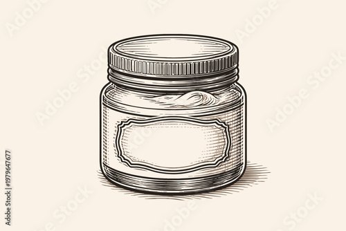Vintage Engraved Illustration of a Cosmetic Cream Jar with Screw Cap and Blank Label, Retro Woodcut Style Skincare Container for Ointment, Salve, or Moisturizer, Hand-Drawn Vector Design Element
