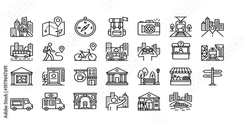 icon set collection of urban tourism and sightseeing symbols featuring maps, cameras, museums, public transport, and city park landmarks line art icons.