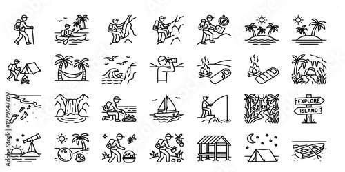 icon set collection of tropical island adventure and camping activities featuring hiking, kayaking, beach bonfire, tropical nature, and outdoor exploration line art.