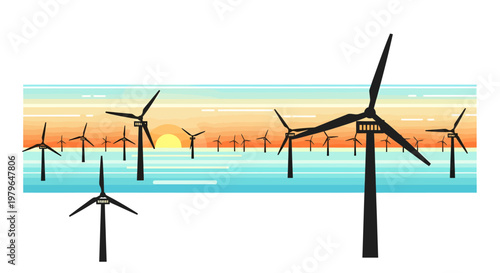 Wind turbines farm at sunset, renewable energy concept
