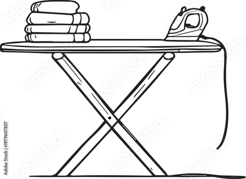 Ironing board vector illustration with folded clothes and electric iron highlighting household laundry care