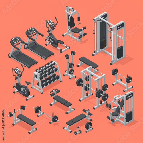 A variety of gym equipment for fitness.