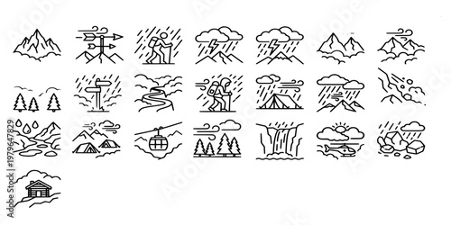 icon set collection of mountain weather conditions and alpine rescue symbols featuring storms, hiking safety, peaks, and emergency helicopter line art icons.