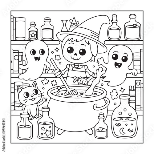 Halloween spooky coloring pages for teens and adults. line art illustration.