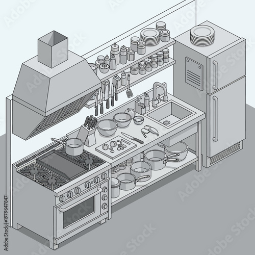 Isometric illustration of a modern kitchen interior.