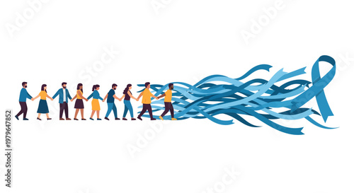 Diverse people joining hands with blue ribbon awareness symbol