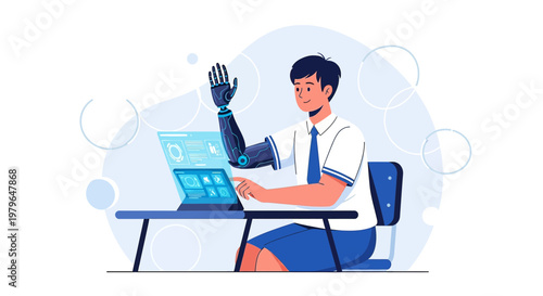 Futuristic classroom concept showcases student using interactive technology and robotic arm for