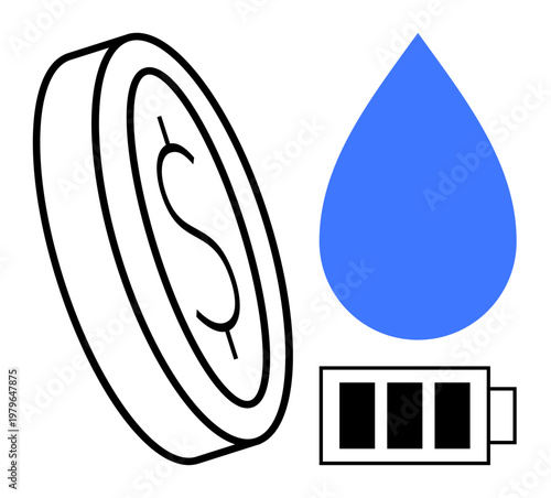 Renewable energy, water conservation, sustainable economy, financial management, eco-friendly practices, power storage. Blue water drop, coin with dollar symbol and battery. Renewable energy