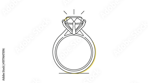 Elegant line drawing of a diamond engagement ring with a large brilliant-cut stone and radiant sparkles, symbolizing love and commitment.