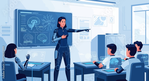 Futuristic Classroom Environment with Advanced Robotic Educator and Interactive Learning Stations