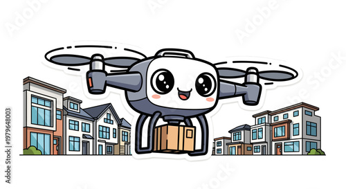 Smiling drone delivering package to suburban homes with cardboard box