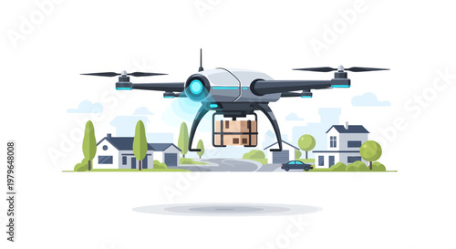 Drone delivering package to home with modern houses in background