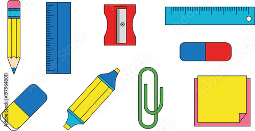 Stationery and School Supplies Icons Set Featuring Pencil, Eraser, Ruler, Sharpener, Paper Clip, Sticky Notes, and Marker for Education and Office Designs