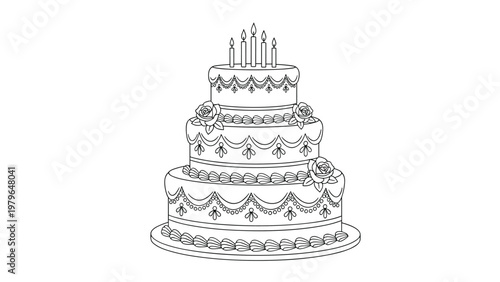 Elegant three-tiered white cake decorated with roses, icing patterns, and five lit candles on top, perfect for a wedding or celebration.