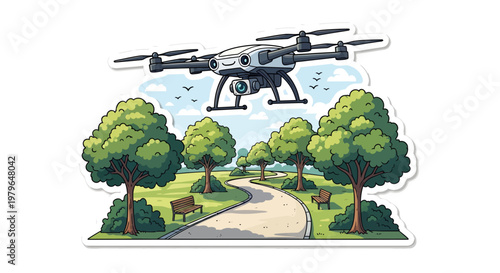 Drone flying over a park with trees and a winding path