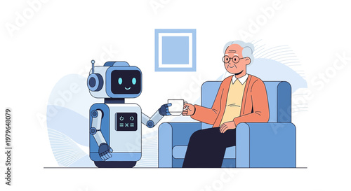 Futuristic companionship robot assisting senior citizen with a cup of tea indoors illustrating