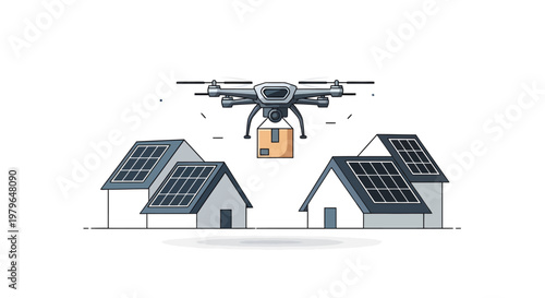 Drone delivering package to houses with solar panels on roof tops