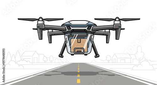 Drone flying over road with cityscape background illustration