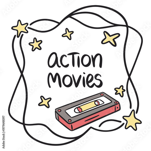 Action Movies Cassette Tape Illustration with Stars and Decorative Border.