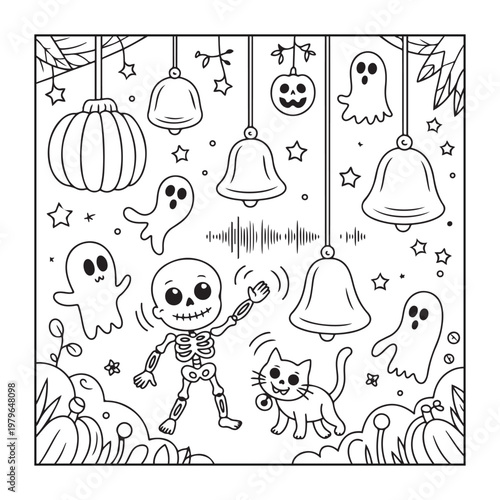 Halloween spooky coloring pages for teens and adults. line art illustration.