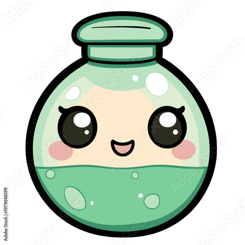 Adorable cartoon potion bottle with a face, containing green liquid and smiling