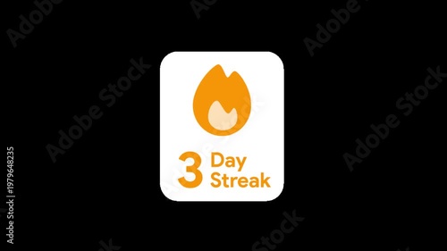 Daily streak counter gamification UI overlay: 7 day habit tracker flame icon notification with transparent background MOV alpha