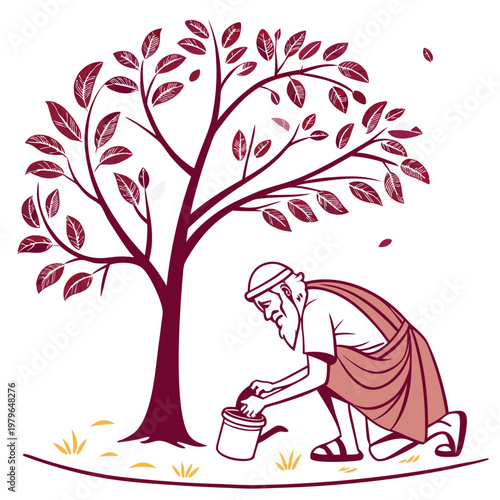 Ancient Man Watering a Tree with Care and Dedication.