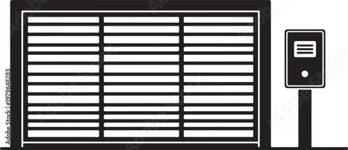 Black and white of a slatted garage door with an adjacent wall-mounted electronic keypad control panel