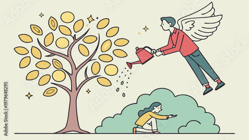 Angel watering tree with girl nurturing growth and prosperity.