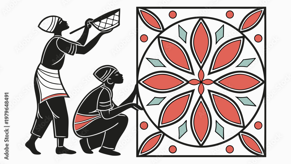 Obraz premium Artisans crafting a mosaic tile design with precision and care.