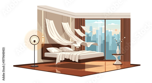 Modern hotel room interior with city view