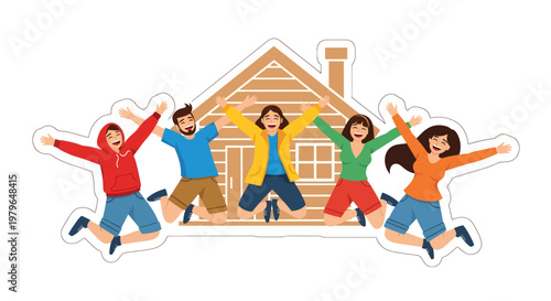 happy family jumping in front of house