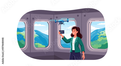 Woman flying drone from train window with scenic mountain view