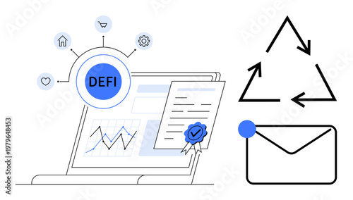 Decentralized finance, blockchain technology, modern banking, financial services, data analysis, and email communication. Visual of a laptop with DEFI text, charts, certificate and symbols