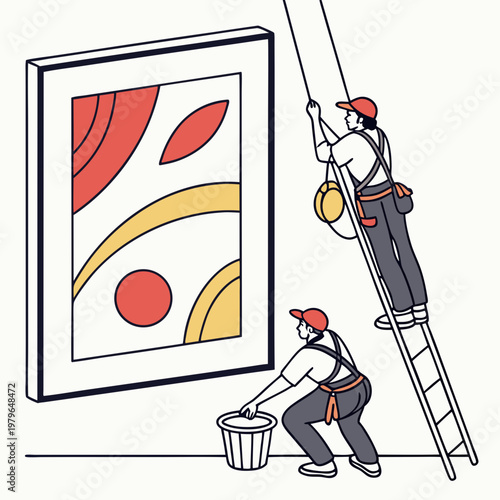 Art Installation Workers Hanging Abstract Painting in Gallery.