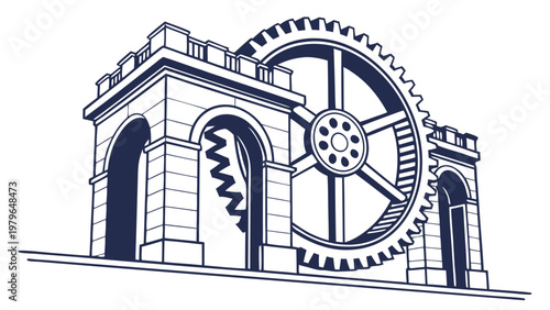 Architectural Structure with Gear Mechanism Illustration.